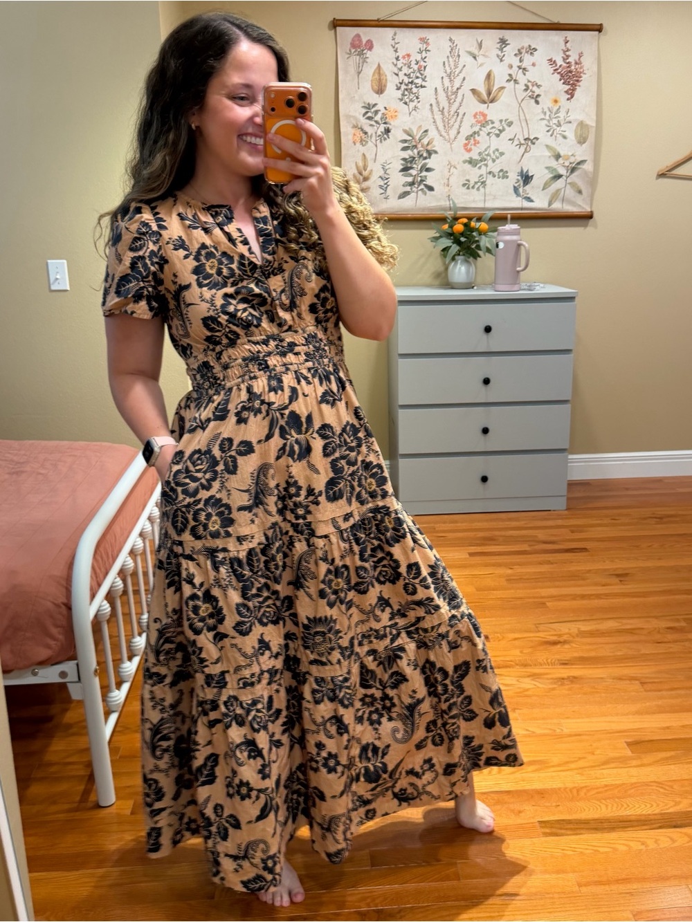 Anthropologie Somerset Tan Floral Tiered Maxi Dress with Smocked Waist Small - Picture 2 of 12